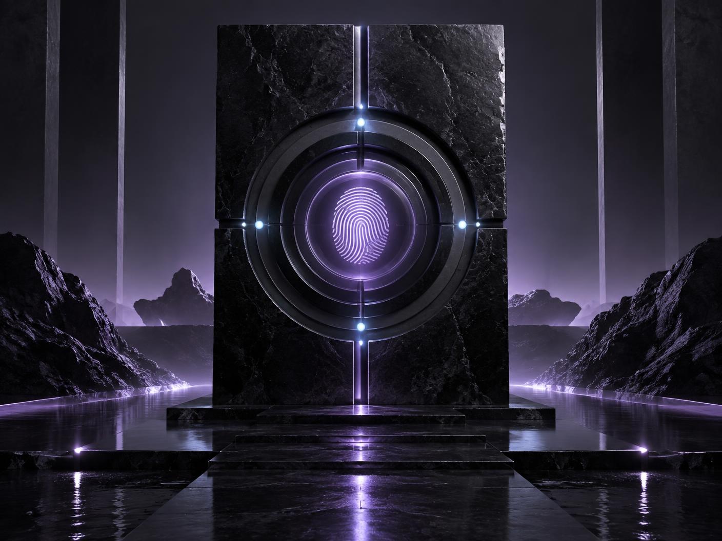 Obsidian identity gateway sculpture with an illuminated protected core